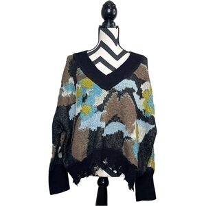 NWT Anthropologie Sz L Drop Shoulder Wool Blend Black Motif Oversized Sweater